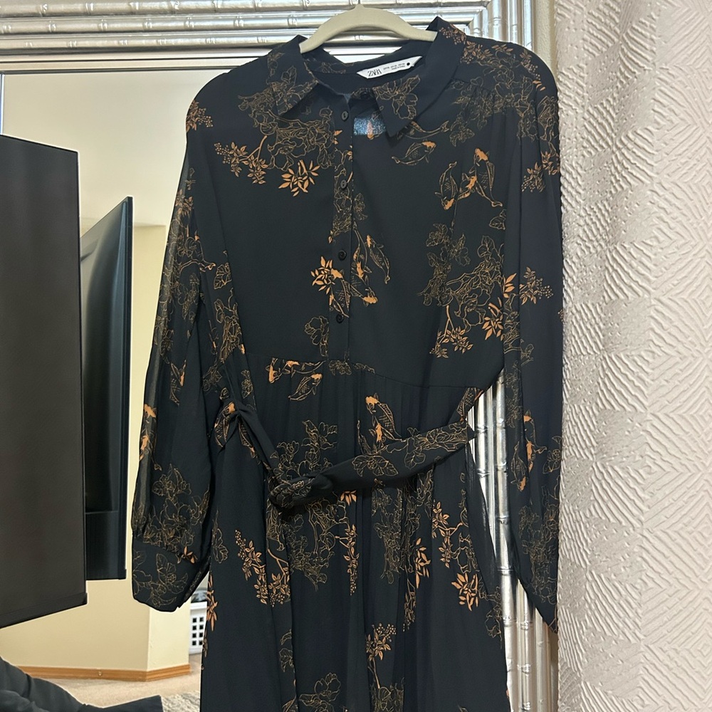 Zara Black Dress with Gold Floral Design